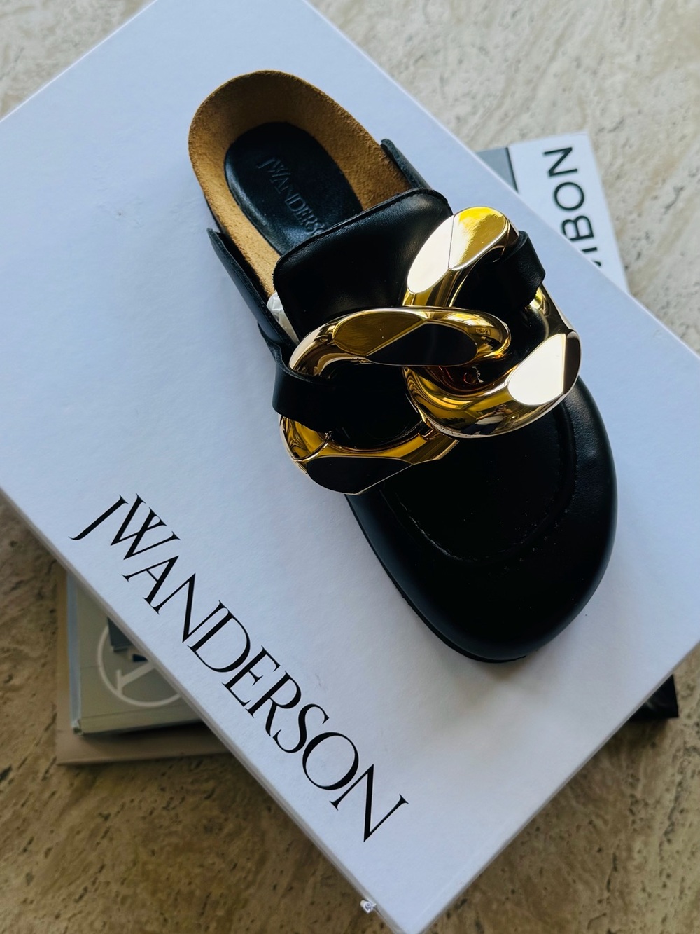 JW ANDERSON Black Leather Mule with Gold Chain Accent